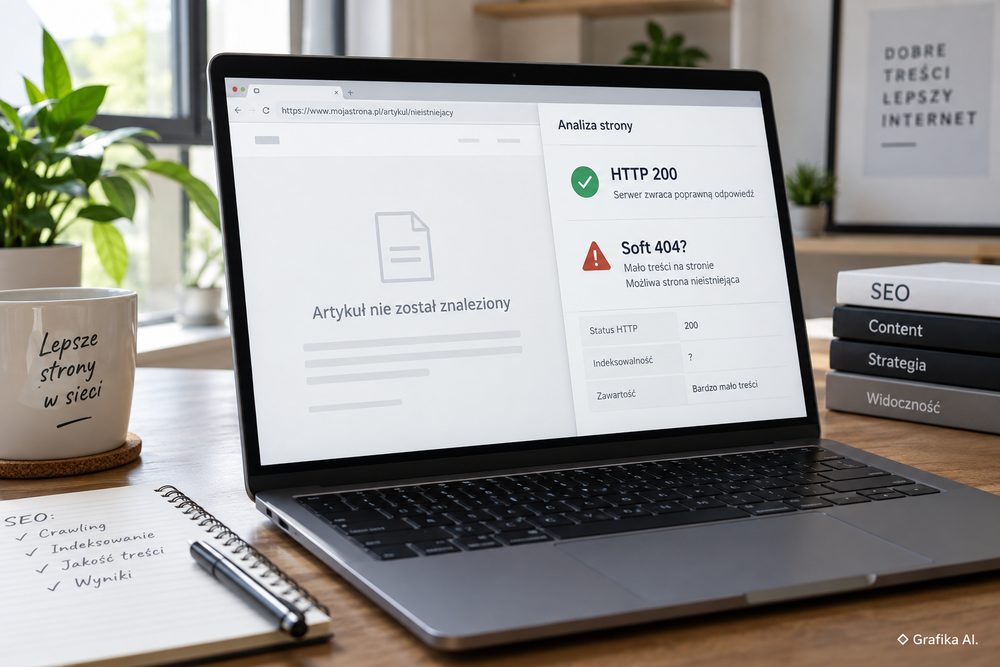 Laptop z analizą strony zwracającej HTTP 200 i błąd soft 404