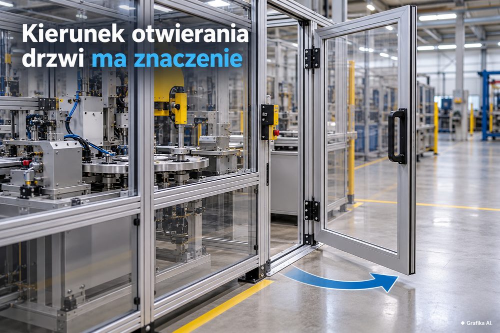 Drzwi osłony maszyny na profilach aluminiowych z zaznaczonym kierunkiem otwierania